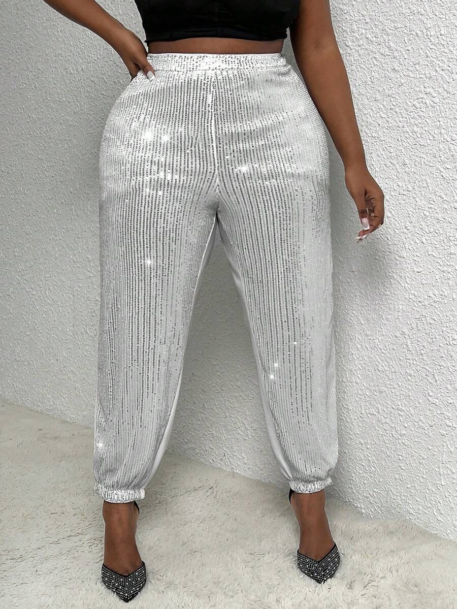 Slaydiva Plus Sequin Jogger Pants - White - View 1