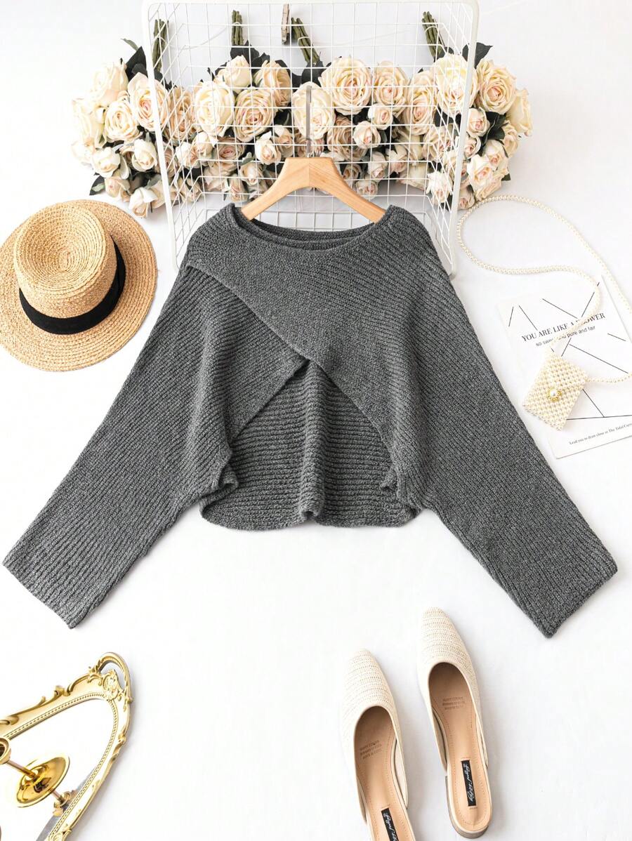 SHEIN LUNE Plus Omlott Kors Framtill Beskuren Tröja - Mörkgrå - Visa 1