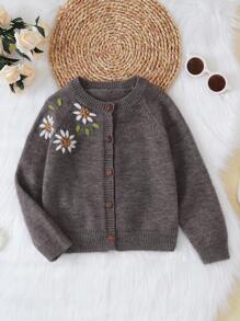 SHEIN Cô Gái Trẻ Thêu hoa Tay Raglan Áo len Mở - màu nâu - Xem 1