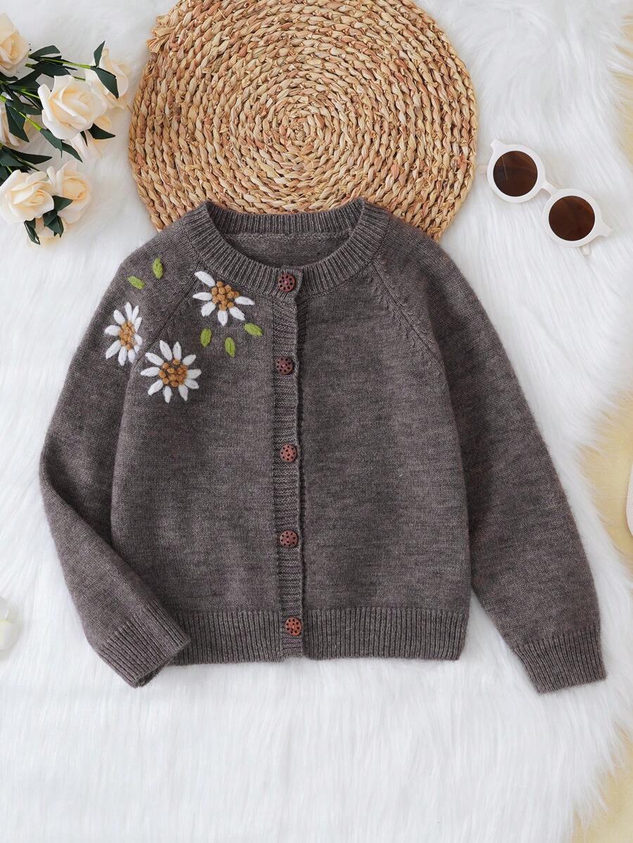SHEIN Cô Gái Trẻ Thêu hoa Tay Raglan Áo len Mở - màu nâu - Xem 1