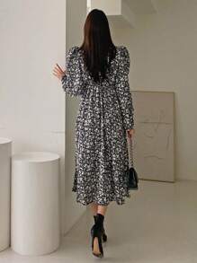 DAZY Ditsy Floral Puff Sleeve Dress,Fall Clothes Long Sleeve Dress Vacation Outfits Women Boho - Black - View 2