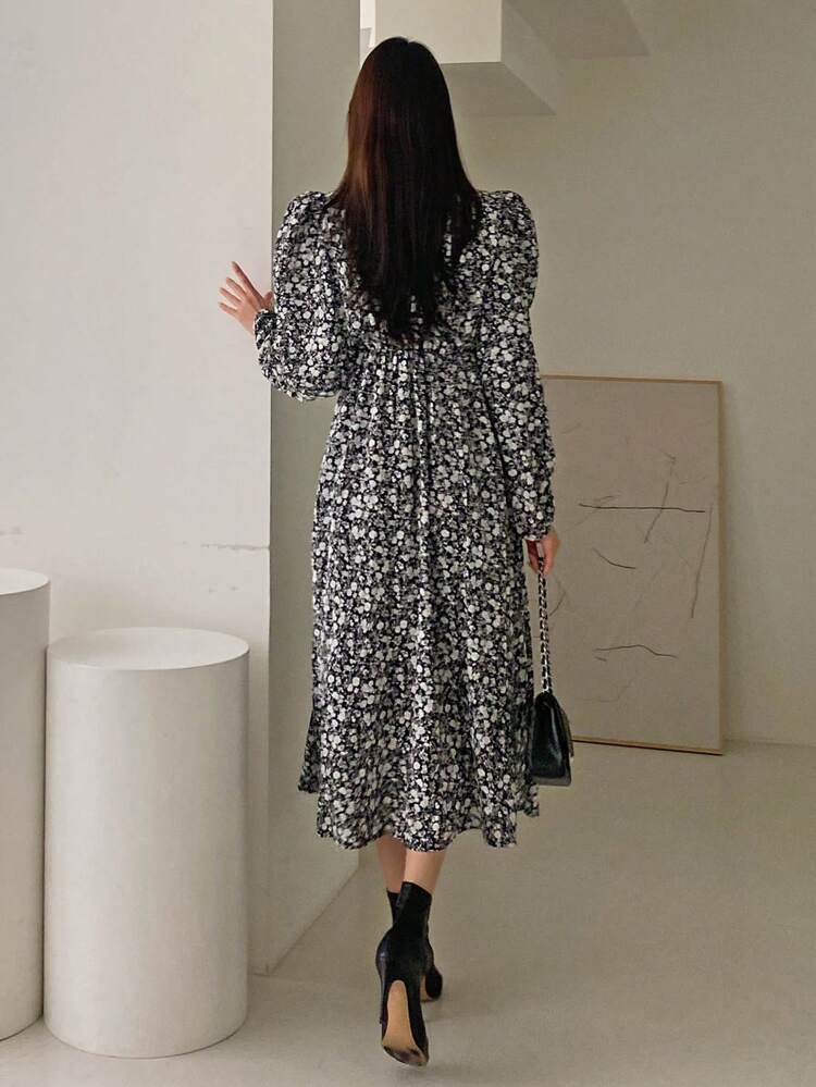 Ditsy Floral Print Puff Sleeve Dress,Fall Clothes Long Sleeve Dress Vacation Outfits Women