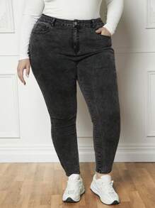 SHEIN CURVE+ 大碼高腰緊身牛仔褲 - 灰色 - 查看 7