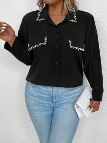 SHEIN Clasi Plus Pearls Beaded Drop Shoulder Shirt - Black - View 1