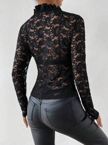 Chiquease Ruffle Trim Lace Top - Black - View 2