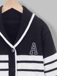 Tween Boy Striped Pattern Embroidery Detail Drop Shoulder Cardigan - Black and White - View 4
