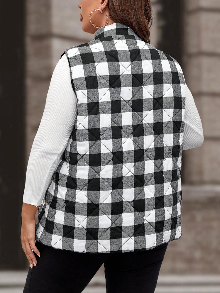 Plus Size Buffalo Plaid Print Zip Up Vest Padded Coat