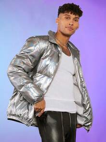 FeverCity Men Holographic Zip Up Padded Coat - Silver - View 3
