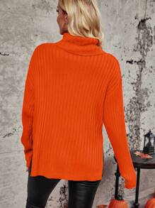 SHEIN LUNE Halloween Turtleneck Drop Shoulder Split Hem Sweater - Orange - View 2