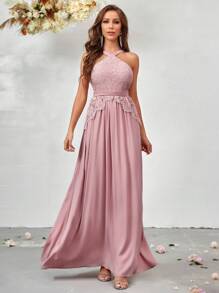 SHEIN Belle Contrast Lace Halter Neck Chiffon Bridesmaid Dress - Dusty Pink - View 4