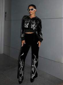 SHEIN ICON Bikercore Rhinestone Fire Pattern Flare Leg Pants - Black - View 5