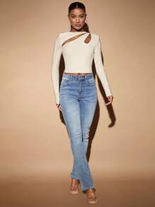 SHEIN BAE 正面剪裁短款T恤 - 杏色 - 查看 3