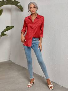 SHEIN Clasi Leopard Jacquard Satin Shirt - Red - View 5