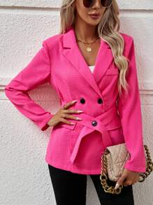 Chiquease Lapel Neck Double Breasted Belted Blazer Fall Cloth For Women - Hot Pink - View 5