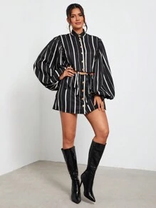 NeeshaValore Áo sơ mi tay lỡ in họa tiết sọc công sở thiết kế đơn giản không kèm thắt lưng, dành cho ngày lễ, kỳ nghỉ, công sở - Đen và trắng - Xem 3