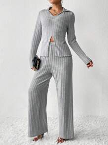 SHEIN Essnce Viền chia cắt Áo thun & Quần ống rộng - Xám - Xem 4