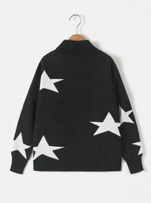 RueChic Teen Girl Star Pattern Mock Neck Drop Shoulder Sweater - Black - View 2