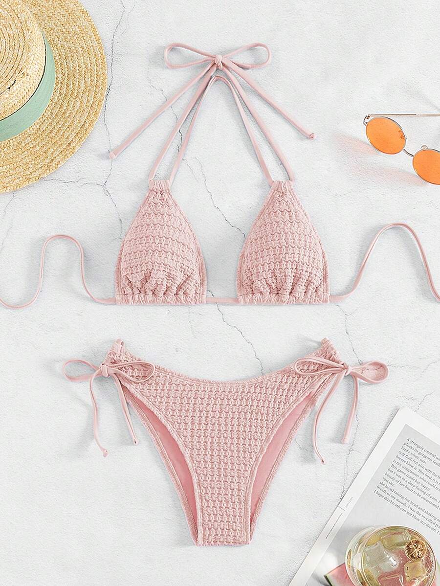 Halter Triangle Tie Side Bikini Set For Summer Beach - Pink - View 1
