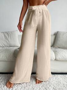 Swim Vcay Summer Beach Solid Tie Front Cover Up Pants - Apricot - View 3