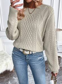 SHEIN LUNE Cable Knit Drop Shoulder Sweater Knit Pullover Fall Winter Outfit - Khaki - View 6