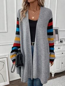 SHEIN Essnce Striped Pattern Casual Design Cardigan - Grey - View 4