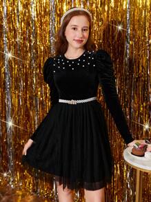 青少年女孩珍珠串珠羊腿袖網紗覆蓋洋裝不附腰帶 - 黑色 - 查看 4