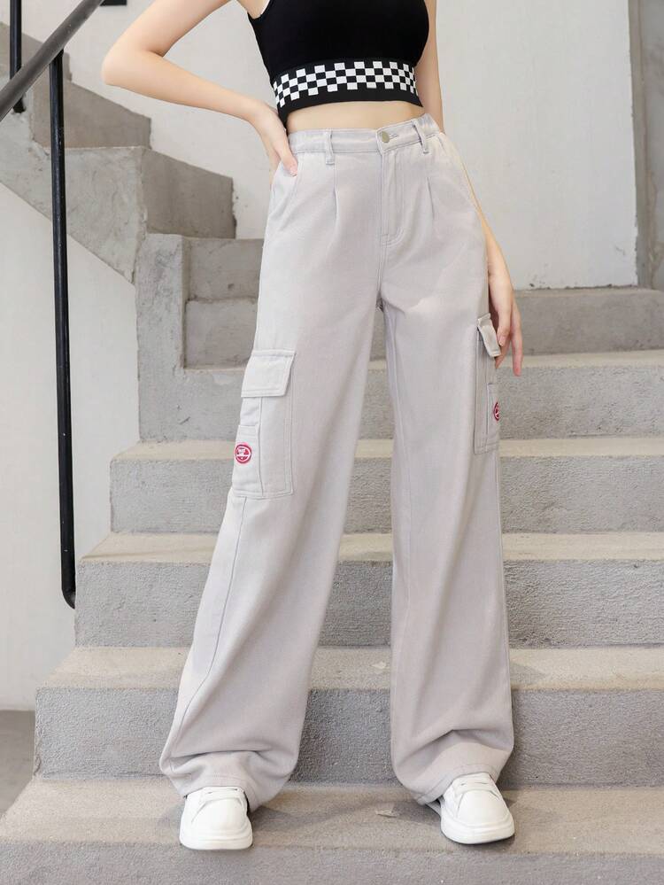 Teen Girl Letter Patched Flap Pocket Cargo Jeans