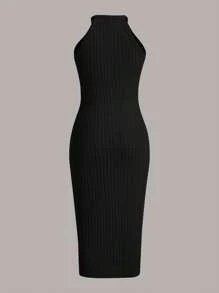 SHEIN EZwear Chất rắn Halter Neck Đầm - màu đen - Xem 2