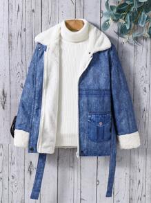 SHEIN 少女冬季Borg毛領配帶外套，不包含毛衣 - 藍色 - 查看 5