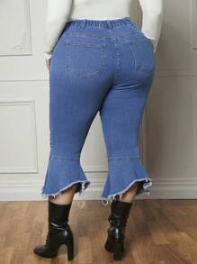 SHEIN CURVE+ 大碼高腰毛邊牛仔喇叭褲 - 深色水洗藍 - 查看 2