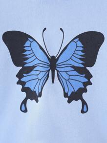 SHEIN Tween Girl Butterfly Print Hooded Sweatshirt & Sweatpants - Blue - View 6