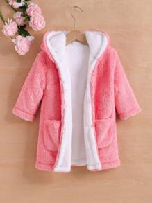 SHEIN Palton de pluș cu glugă cu două buzunare pentru fetiță, fără pulover - Roz - Vizualizare 1