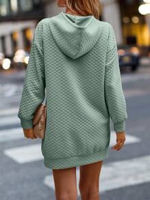 SHEIN LUNE Kangaroo Pocket Drop Shoulder Drawstring Hooded Dress - Green - View 2