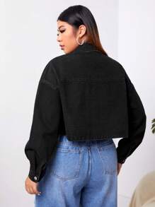 Firerie 大碼落肩袖翻蓋細節短款牛仔夾克 - 黑色 - 查看 2