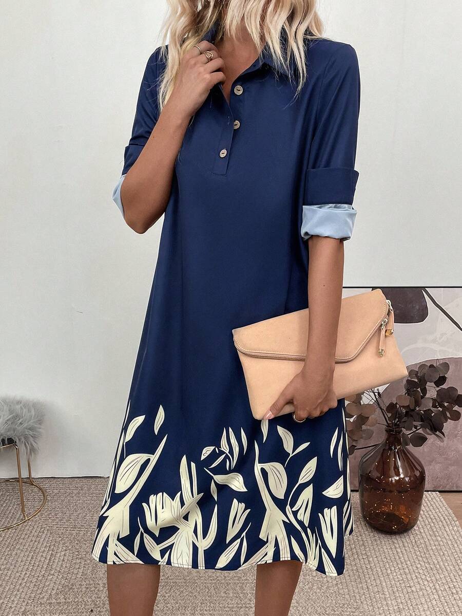 SHEIN LUNE Vestido camisero con estampado de hoja con botón - Azul Marino - Ver 1