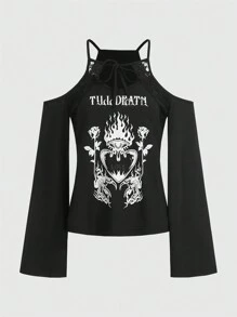 Blunt burn Goth Letter Graphic Cold Shoulder Tee - Black - View 1