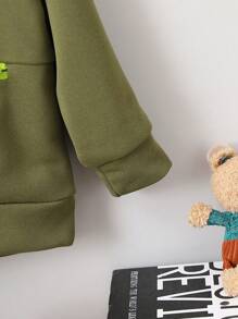 SHEIN Young Boy Cartoon Graphic Zipper Detail Hoodie - Army Green - View 3
