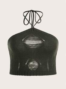 SHEIN ICON Plus Ripped Tie Backless Halter Knit Top - Army Green - View 1