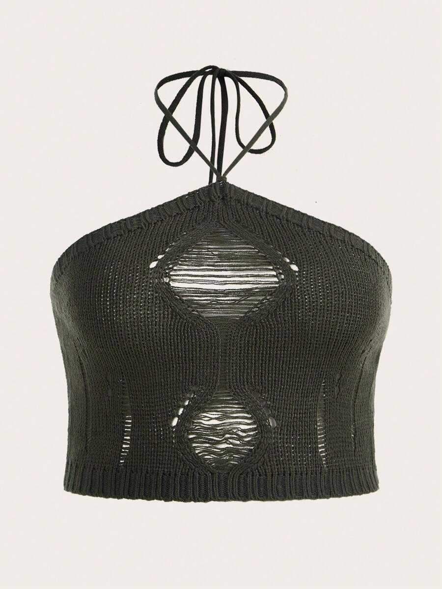 SHEIN ICON Plus Ripped Tie Backless Halter Knit Top - Army Green - View 1