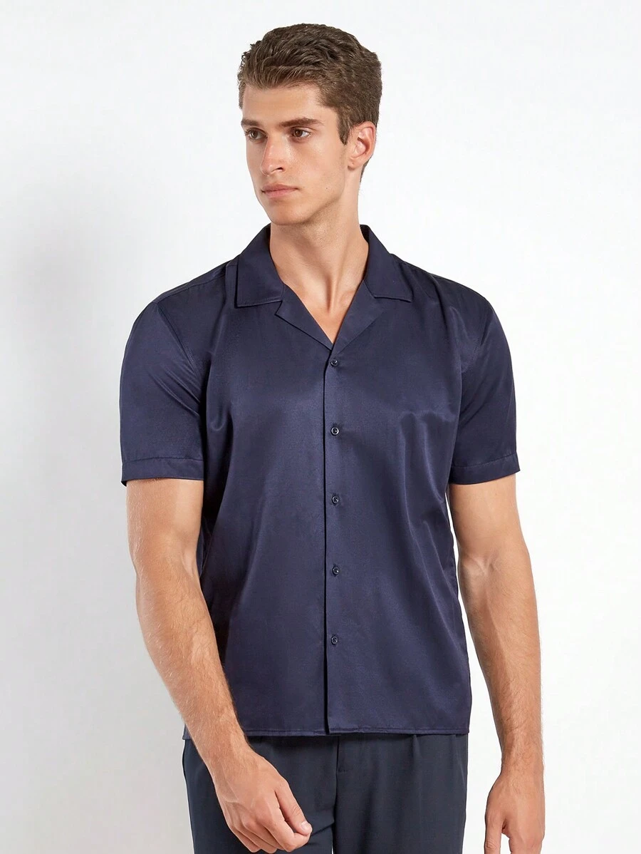 SHEIN Cottnline Men Solid Lapel Collar Shirt - Navy Blue - View 1