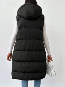 EURMUSE Zip Up Drawstring Hooded Puffer Vest Coat - Black - View 2