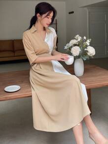 DAZY Two Tone Plicated Detail Shirt Dress - Khaki - View 5