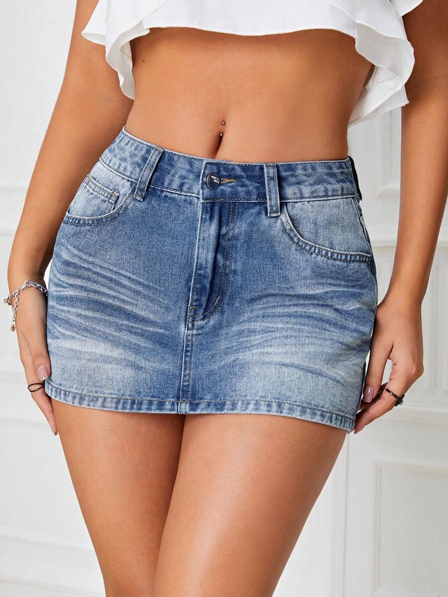 SHEIN ICON Cat Whisker Washed Denim Skirt - Medium Wash - View 1