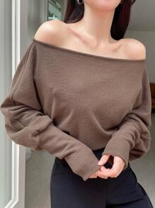 DAZY Off Shoulder Batwing Sleeve Sweatshirt - Coffee Brown - View 6