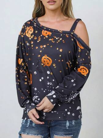 Sweatshirt mit Halloween Muster, asymmetrischem Kragen,