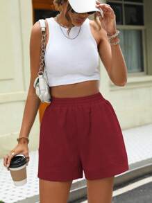 SHEIN Unity Solid Elastic Waist Wide Leg Shorts - Burgundy - View 4