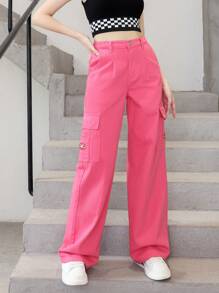 SHEIN 青少年女孩側翻蓋口袋工裝牛仔褲 - 玫紅色 - 查看 5