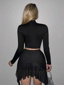 Sweetina Y2k黑色高领心形网眼拼接露脐短款T恤 - 黑色 - 查看 2