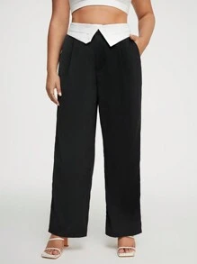 SHEIN Privé 大碼拼接腰部折疊闊腿褲 - 黑色 - 查看 2