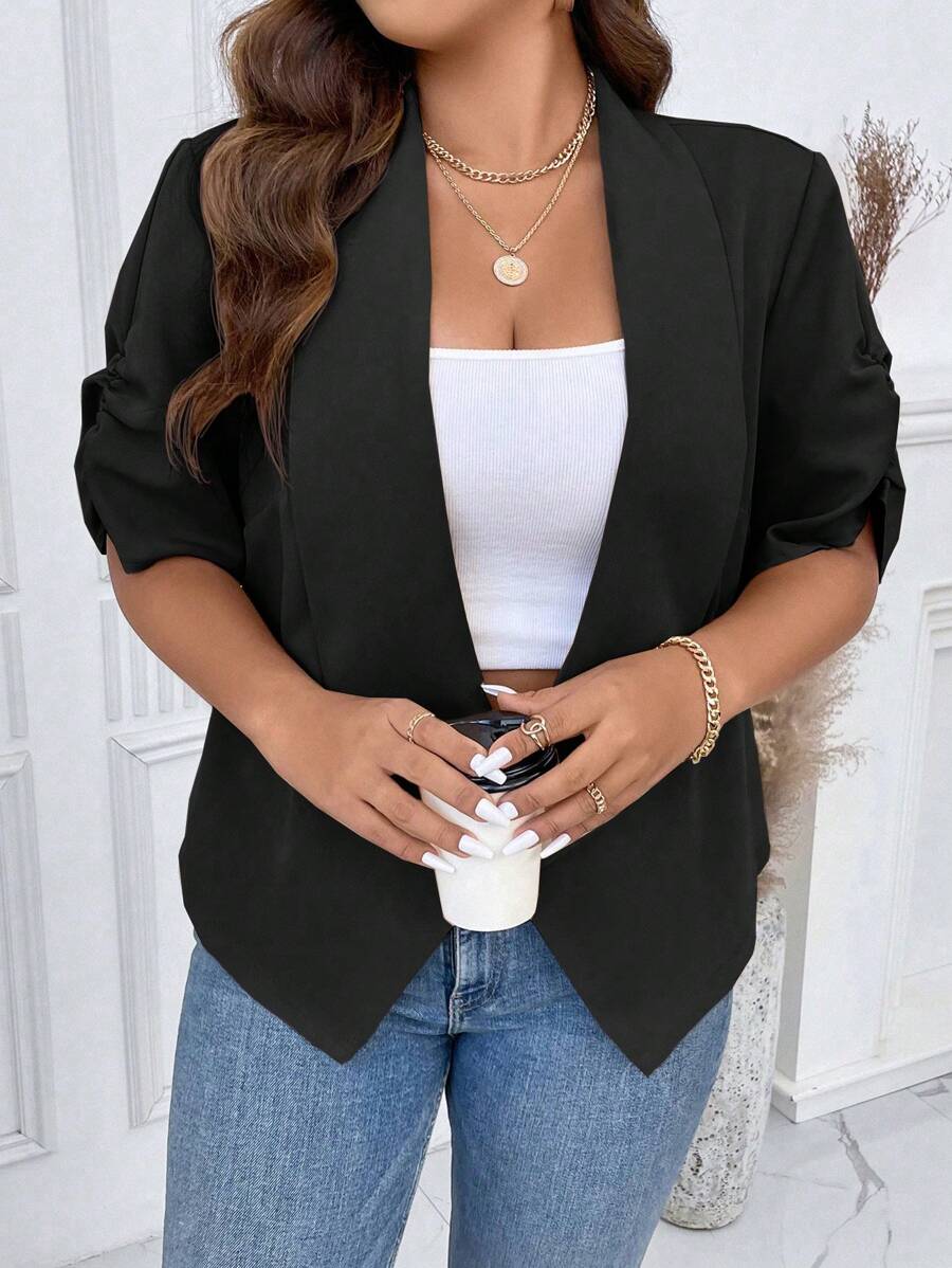 SHEIN Unity Hơn Chi tiết Ruched Tay áo Mở Mặt trước Áo vest - màu đen - Xem 1